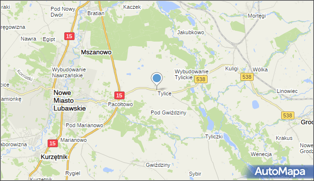 mapa Tylice, Tylice gmina Nowe Miasto Lubawskie na mapie Targeo